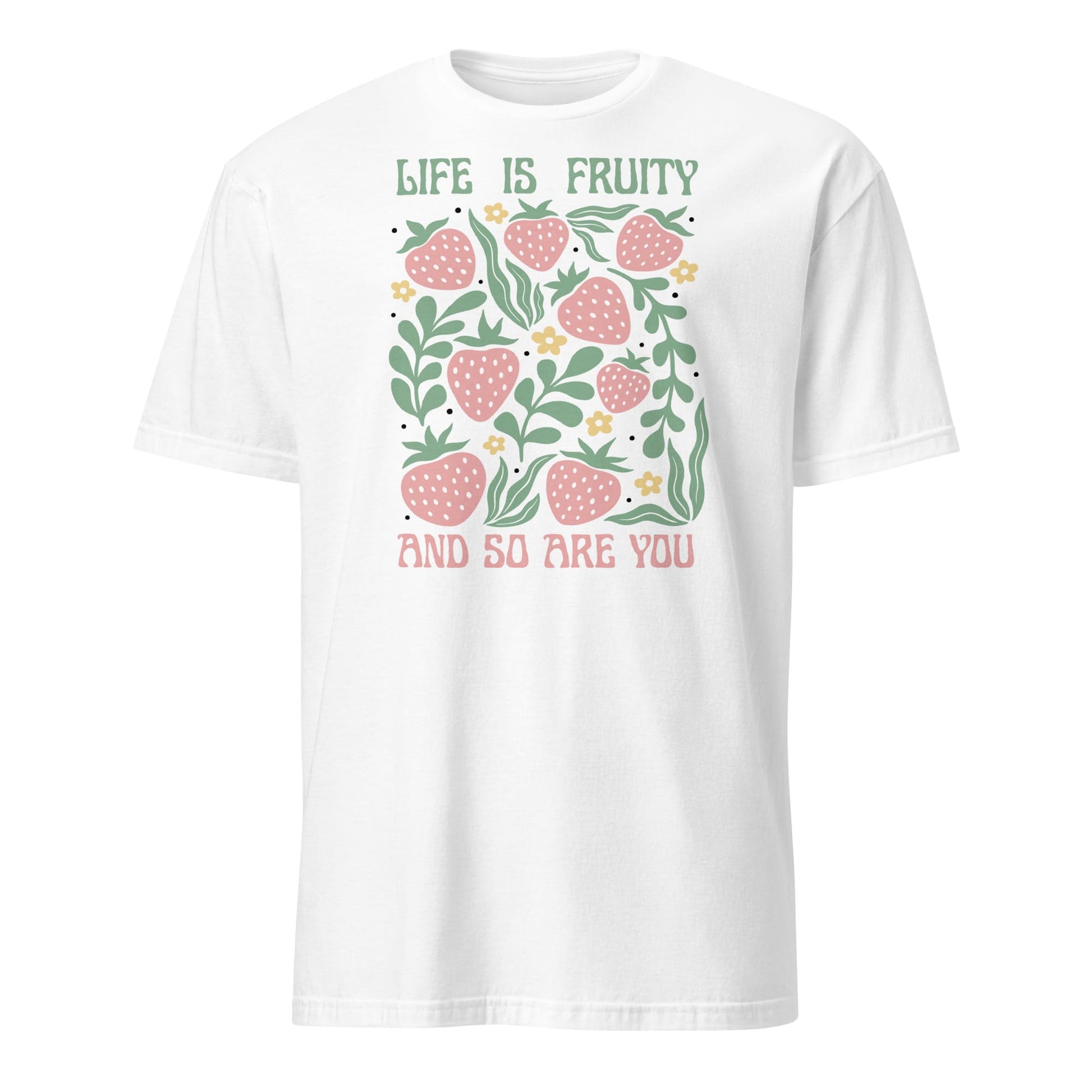 White t-shirt with strawberry design and text 'Life is fruity and so are you' on a white background: Funny Fruity Shirt, Subtle Queer Tee, Summer Strawberry T-Shirt, Pastelcore LGBTQ Outfit, Botanical Gay Lesbian Trans Bi Pan Ace Enby Gift