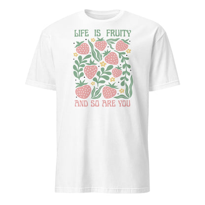 White t-shirt with strawberry design and text 'Life is fruity and so are you' on a white background: Funny Fruity Shirt, Subtle Queer Tee, Summer Strawberry T-Shirt, Pastelcore LGBTQ Outfit, Botanical Gay Lesbian Trans Bi Pan Ace Enby Gift