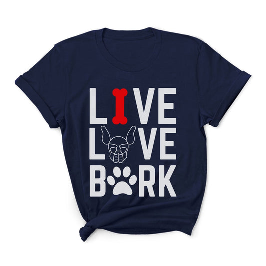 Navy blue t-shirt with 'Live Love Bark' design on a white background: Puppy Play Shirt, Funny Pet Play T-Shirt, Live Love Bark Pup & Handler Tshirts, Puppy Hood Tee, Human Puppy Gift, Petplay Gift