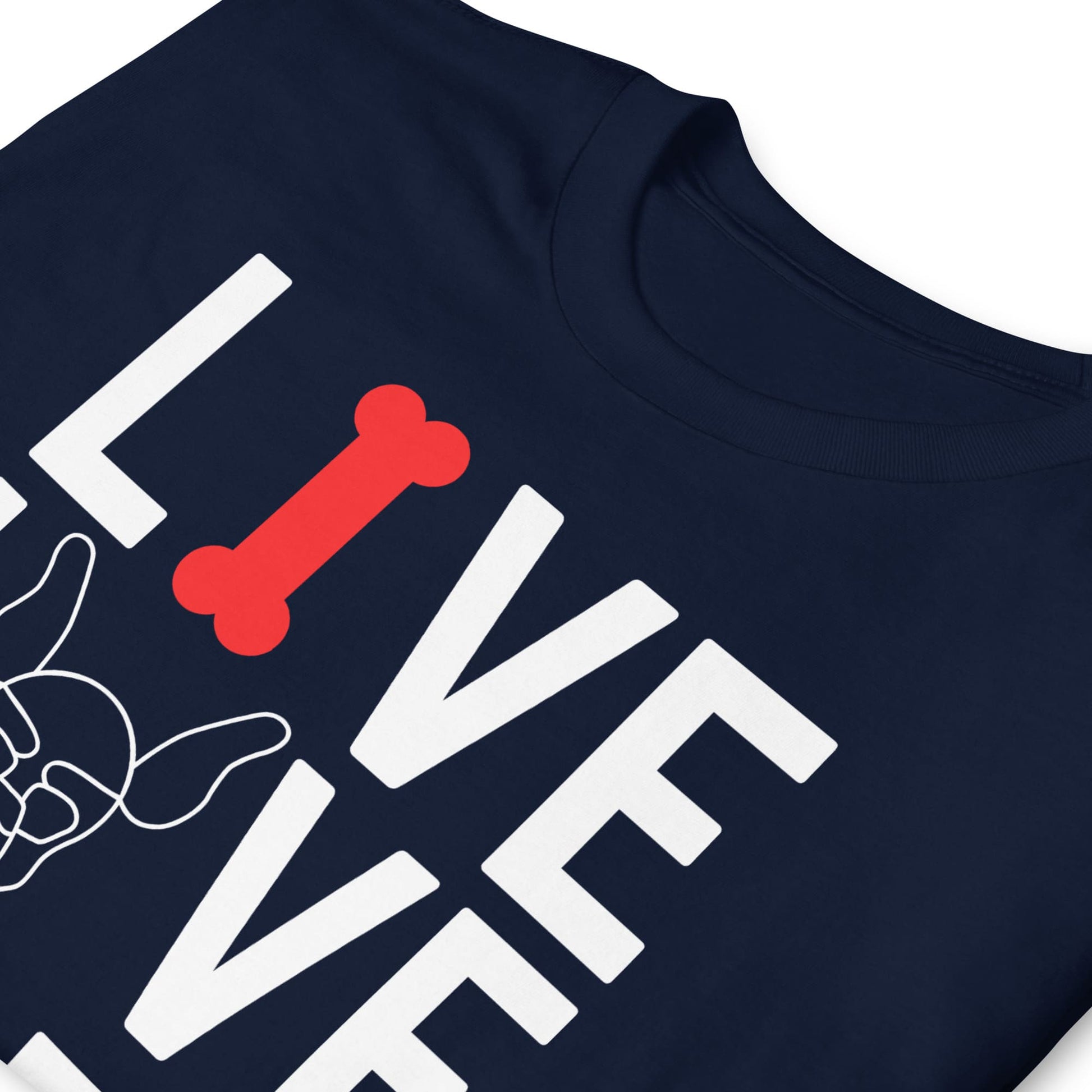 Navy blue t-shirt with white text and a red bone graphic on a white background: Puppy Play Shirt, Funny Pet Play T-Shirt, Live Love Bark Pup & Handler Tshirts, Puppy Hood Tee, Human Puppy Gift, Petplay Gift
