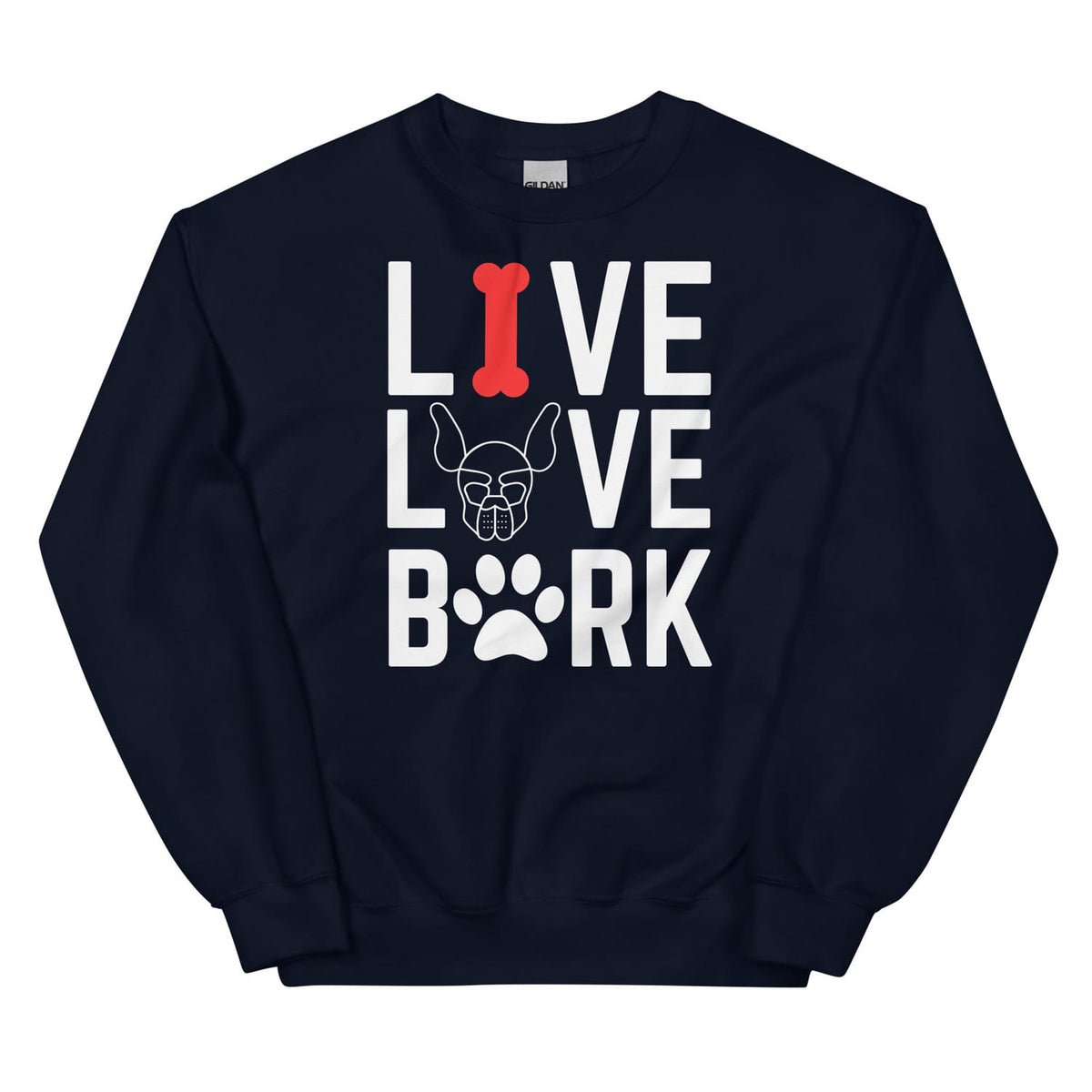 Navy blue puppy play sweatshirt with 'Live Love Bark' text design on a white background