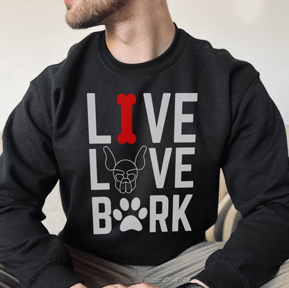 Person wearing a black puppy play sweatshirt with 'Live Love Bark' design.