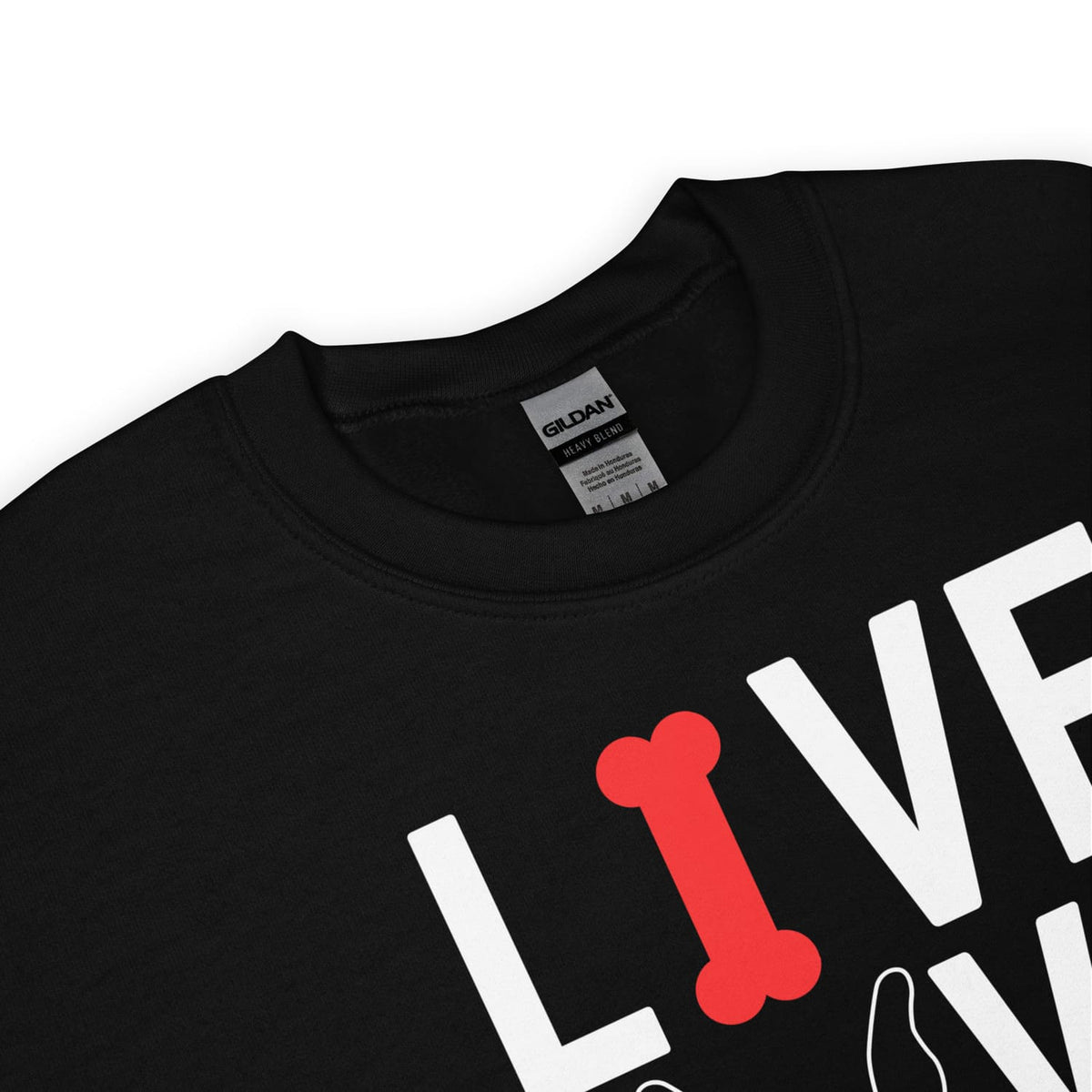 Black  puppy pride shirt with 'LIVE LOVE bark ' text and red bone graphic on a white background