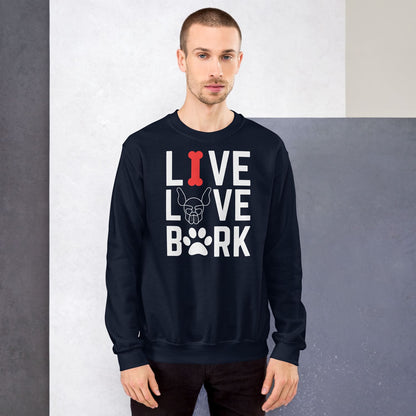 Man wearing a navy puppy play sweatshirt with 'Live Love Bark' text design.