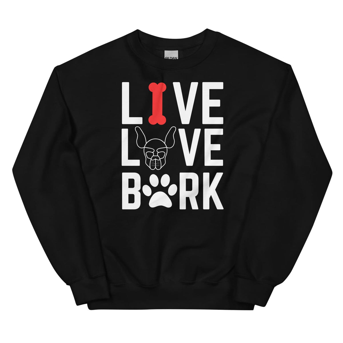 Black puppy play sweatshirt with 'I ❤️ LOVE ❤️BARK' text design on a white background