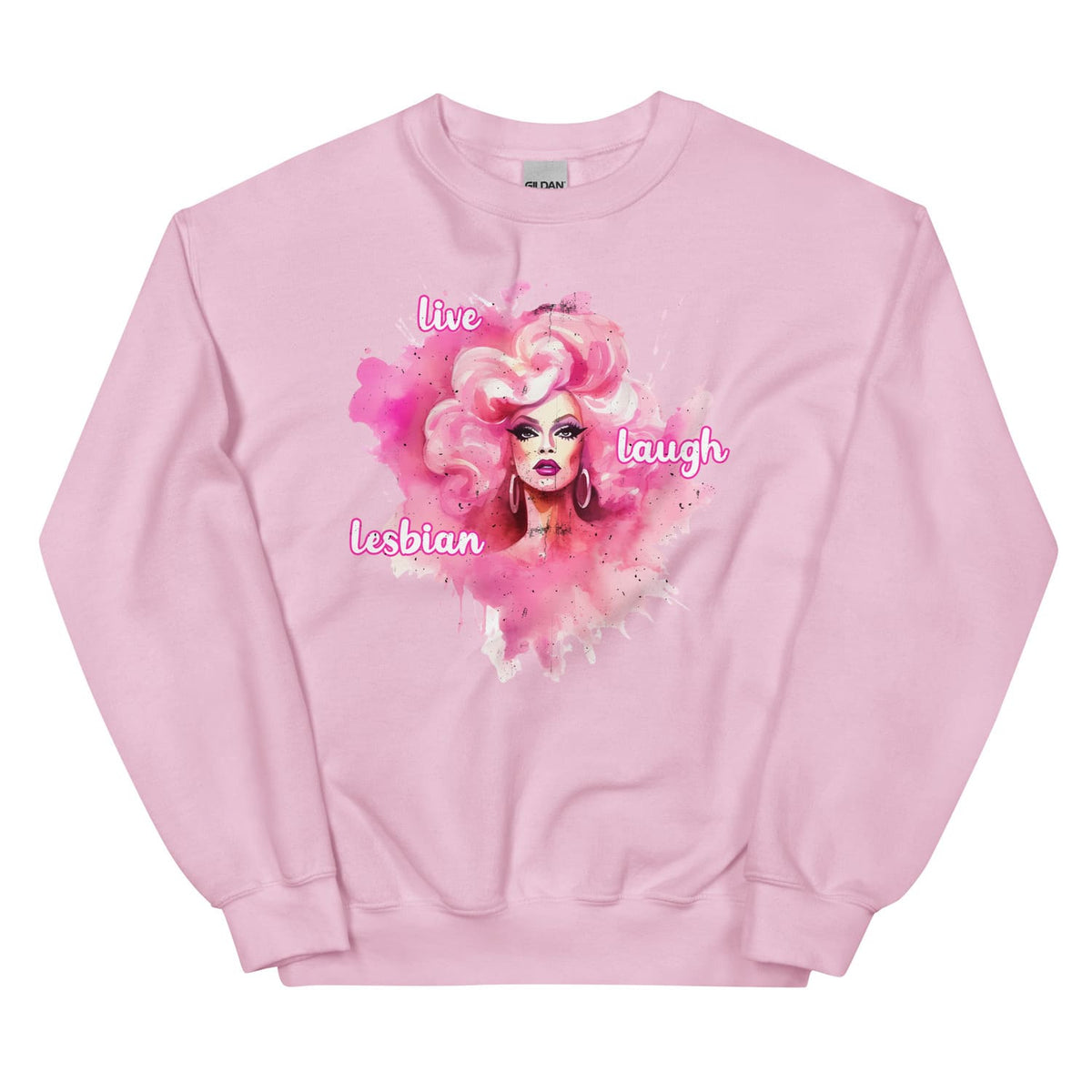 Pink lesbian sweatshirt with a graphic of a person with pink hair and text on a white background