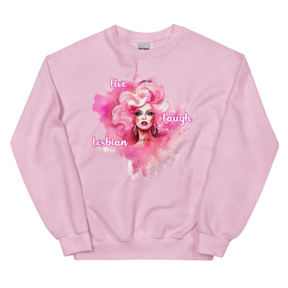 Pink lesbian sweatshirt with a graphic of a person with pink hair and text on a white background