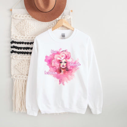 White lesbian sweatshirt with a graphic design and text on a white background