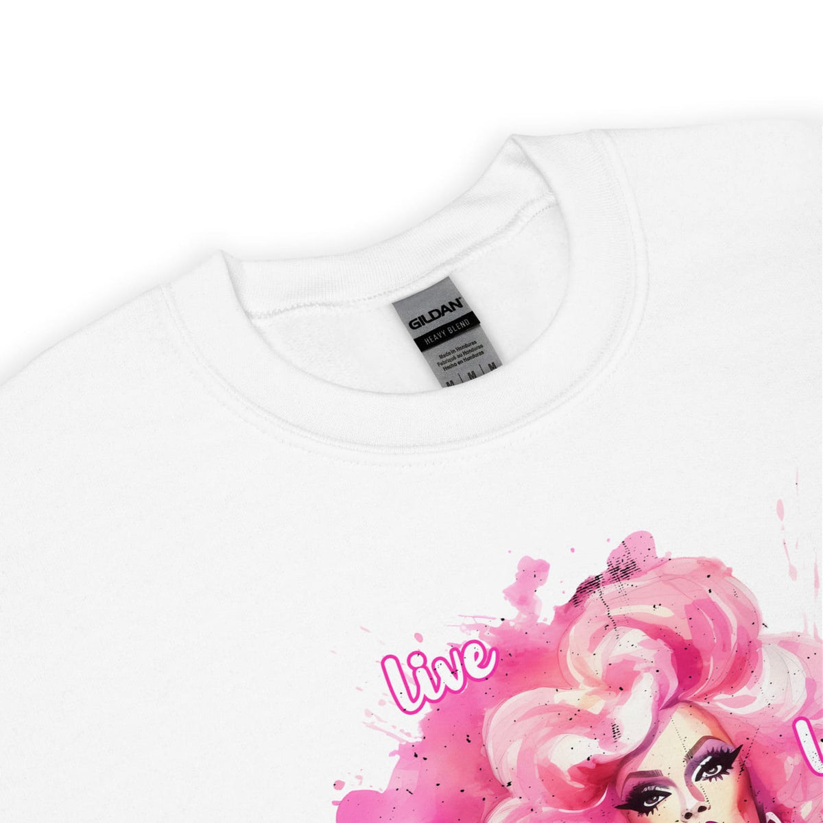 White lesbian sweatshirt zoom with a colorful graphic design and 'live' text on a white background