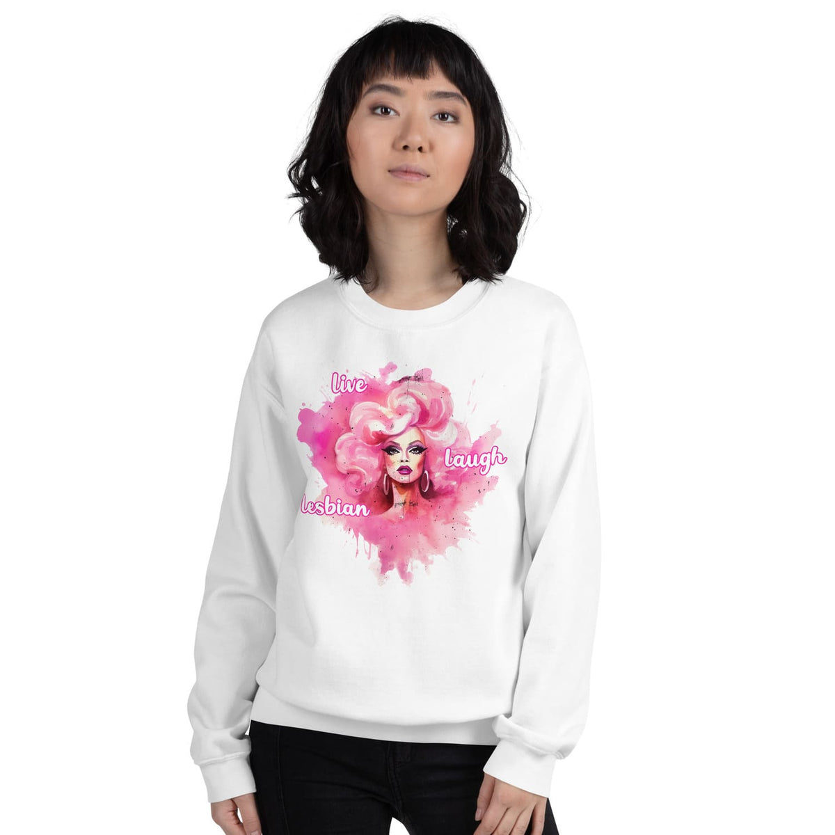 Person wearing a white lesbian sweatshirt with a colorful graphic design and text.