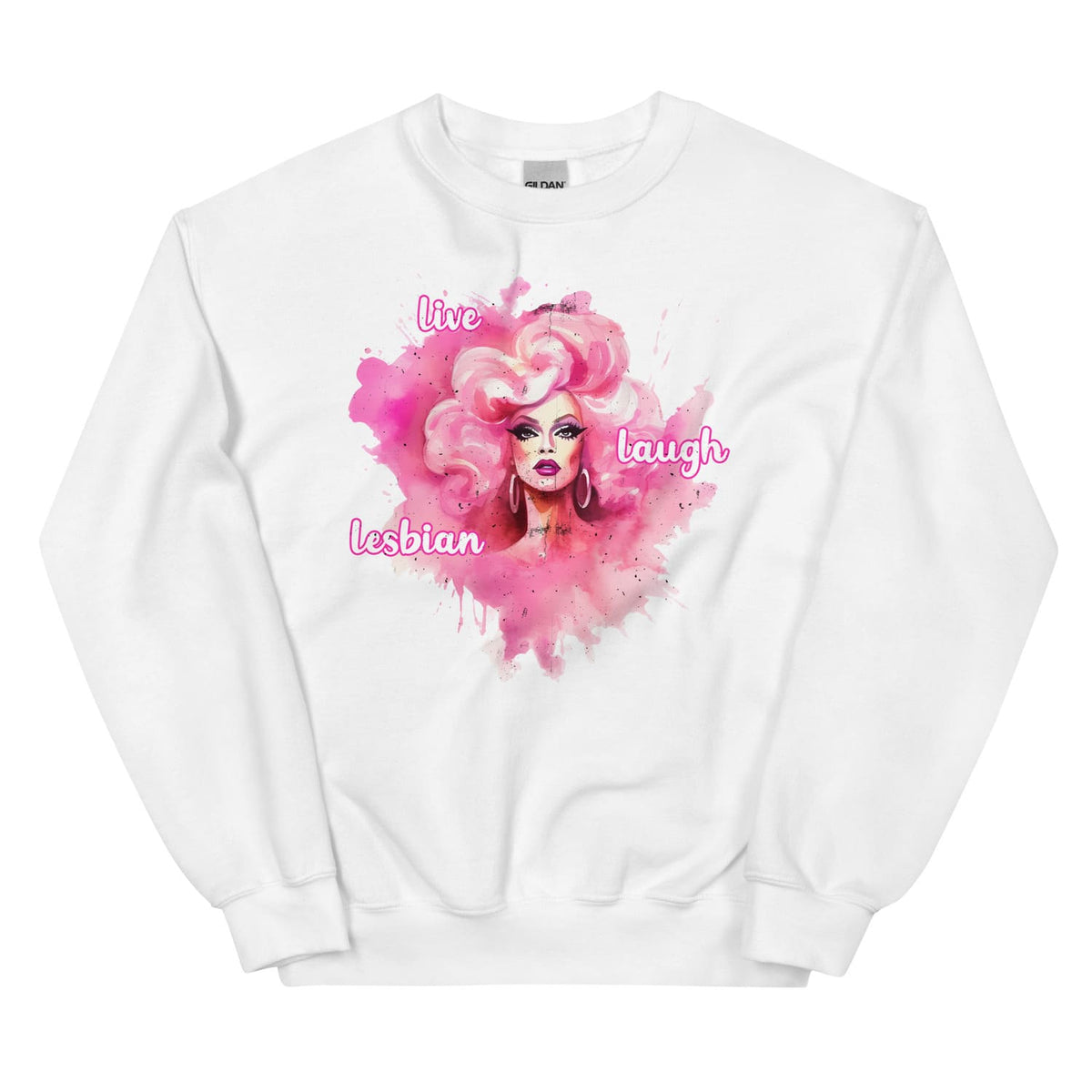 White lesbian sweatshirt with pink graphic and text on a white background