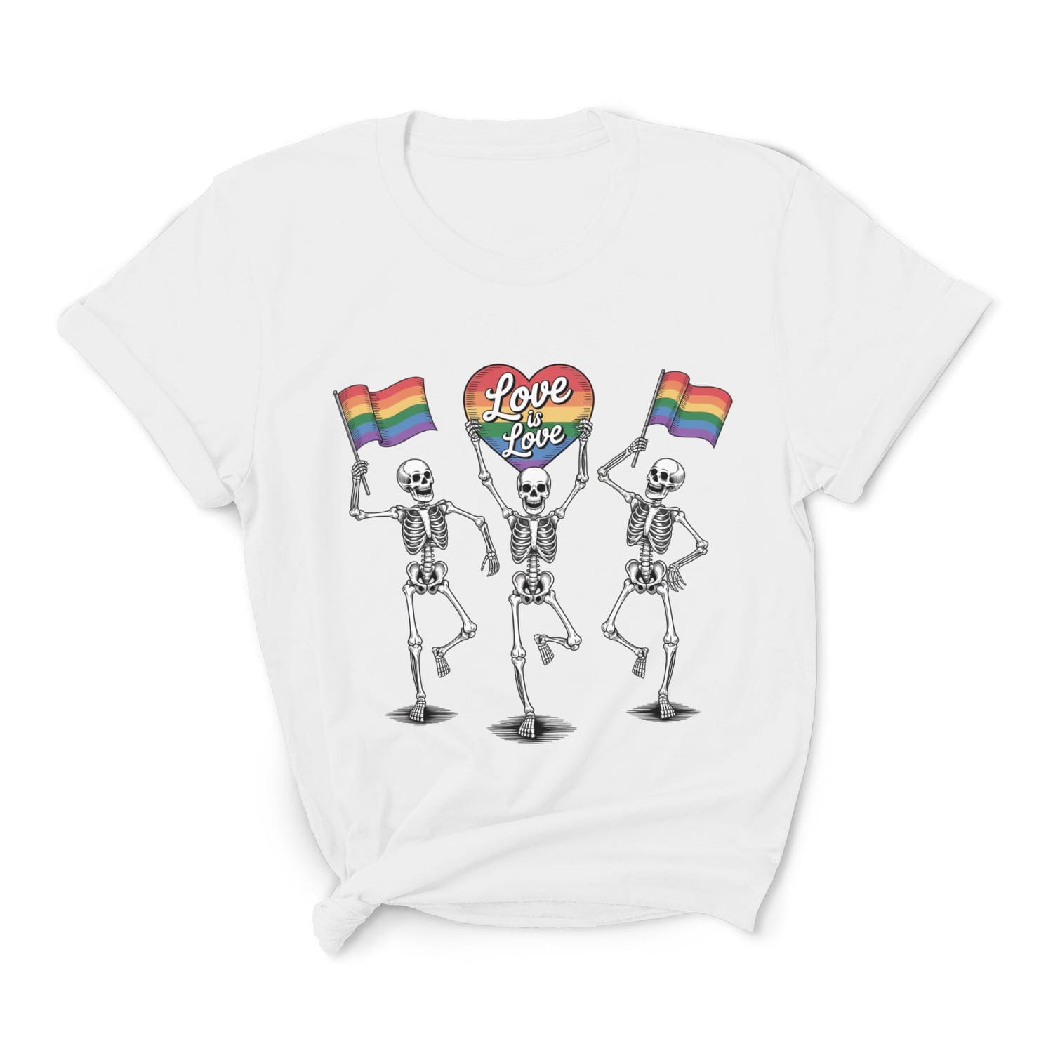 White t-shirt with skeletons holding rainbow flags and 'Love is Love' sign on a white background: Pride Skeleton Shirt, Love Is Love Gay Queer Halloween Tee, LGBTQ Dancing Skeletons T-Shirt, Rainbow LGBT Spooky Season Gift