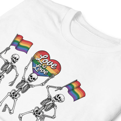 White t-shirt with skeletons holding rainbow flags and a heart with 'Love is Love' text: Pride Skeleton Shirt, Love Is Love Gay Queer Halloween Tee, LGBTQ Dancing Skeletons T-Shirt, Rainbow LGBT Spooky Season Gift