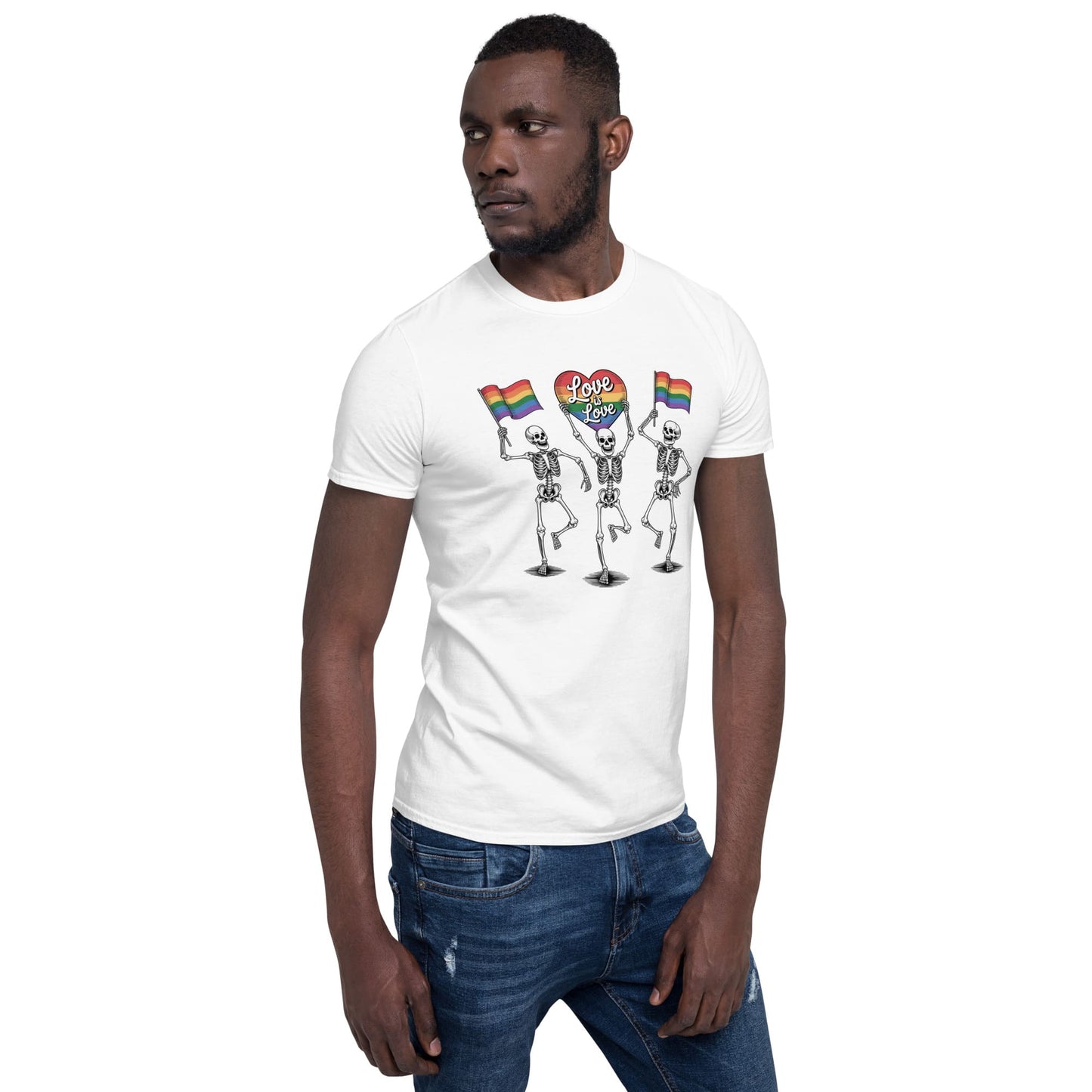 Man wearing a white t-shirt with skeleton designs and rainbow flags on a white background: Pride Skeleton Shirt, Love Is Love Gay Queer Halloween Tee, LGBTQ Dancing Skeletons T-Shirt, Rainbow LGBT Spooky Season Gift