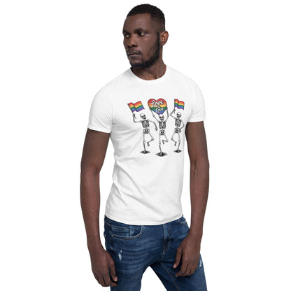 Man wearing a white t-shirt with skeleton designs and rainbow flags on a white background: Pride Skeleton Shirt, Love Is Love Gay Queer Halloween Tee, LGBTQ Dancing Skeletons T-Shirt, Rainbow LGBT Spooky Season Gift