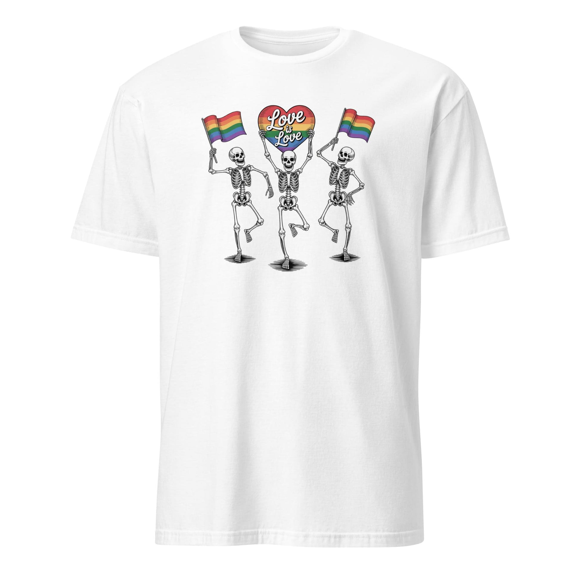 White t-shirt with skeletons holding rainbow flags and 'Love' signs on a white background: Pride Skeleton Shirt, Love Is Love Gay Queer Halloween Tee, LGBTQ Dancing Skeletons T-Shirt, Rainbow LGBT Spooky Season Gift