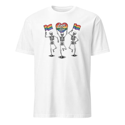 White t-shirt with skeletons holding rainbow flags and 'Love' signs on a white background: Pride Skeleton Shirt, Love Is Love Gay Queer Halloween Tee, LGBTQ Dancing Skeletons T-Shirt, Rainbow LGBT Spooky Season Gift