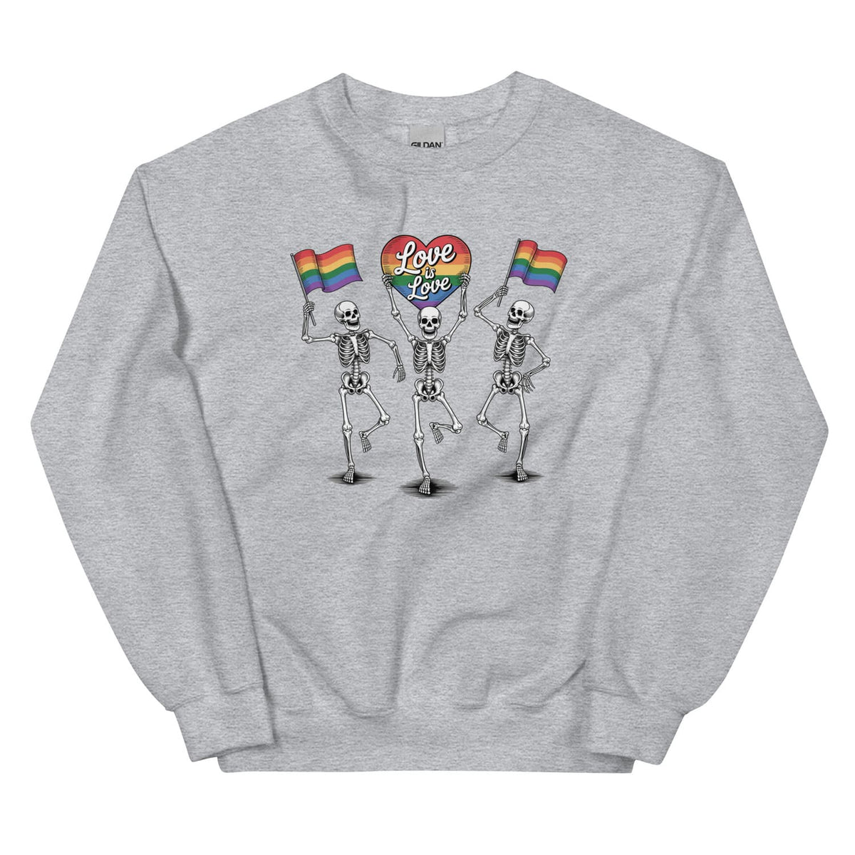 Gray sweatshirt with skeletons holding rainbow flags and 'Love is love' signs on a white background