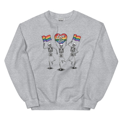 Gray sweatshirt with skeletons holding rainbow flags and 'Love is love' signs on a white background