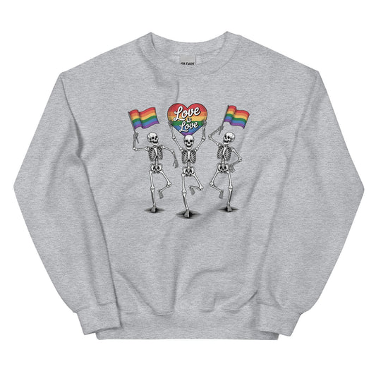 Gray sweatshirt with skeletons holding rainbow flags and 'Love is love' signs on a white background