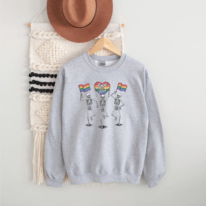 Gray sweatshirt with skeleton design and rainbow flags 'love is love' on a white background