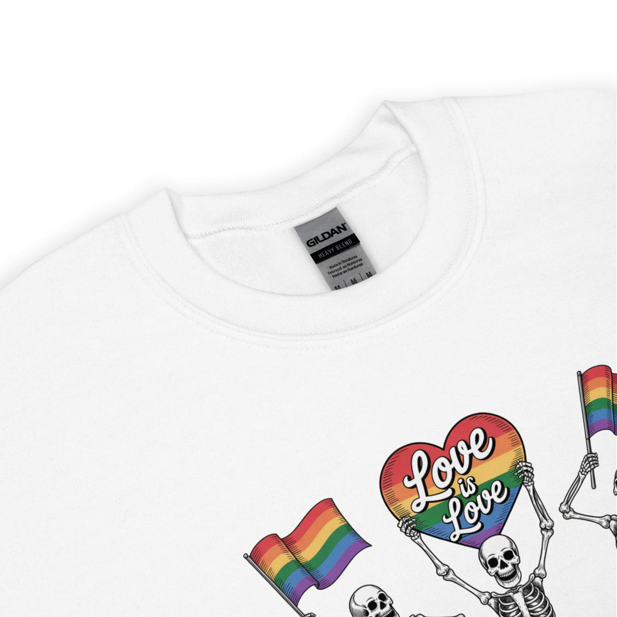White t-shirt with rainbow flag and 'Love is Love' design on a white background