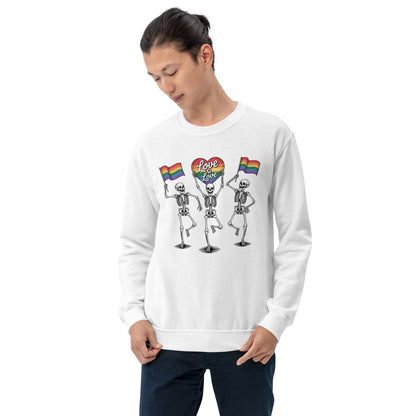 Person wearing a white sweatshirt with skeletons holding rainbow flags 'love is love' and a heart symbol.