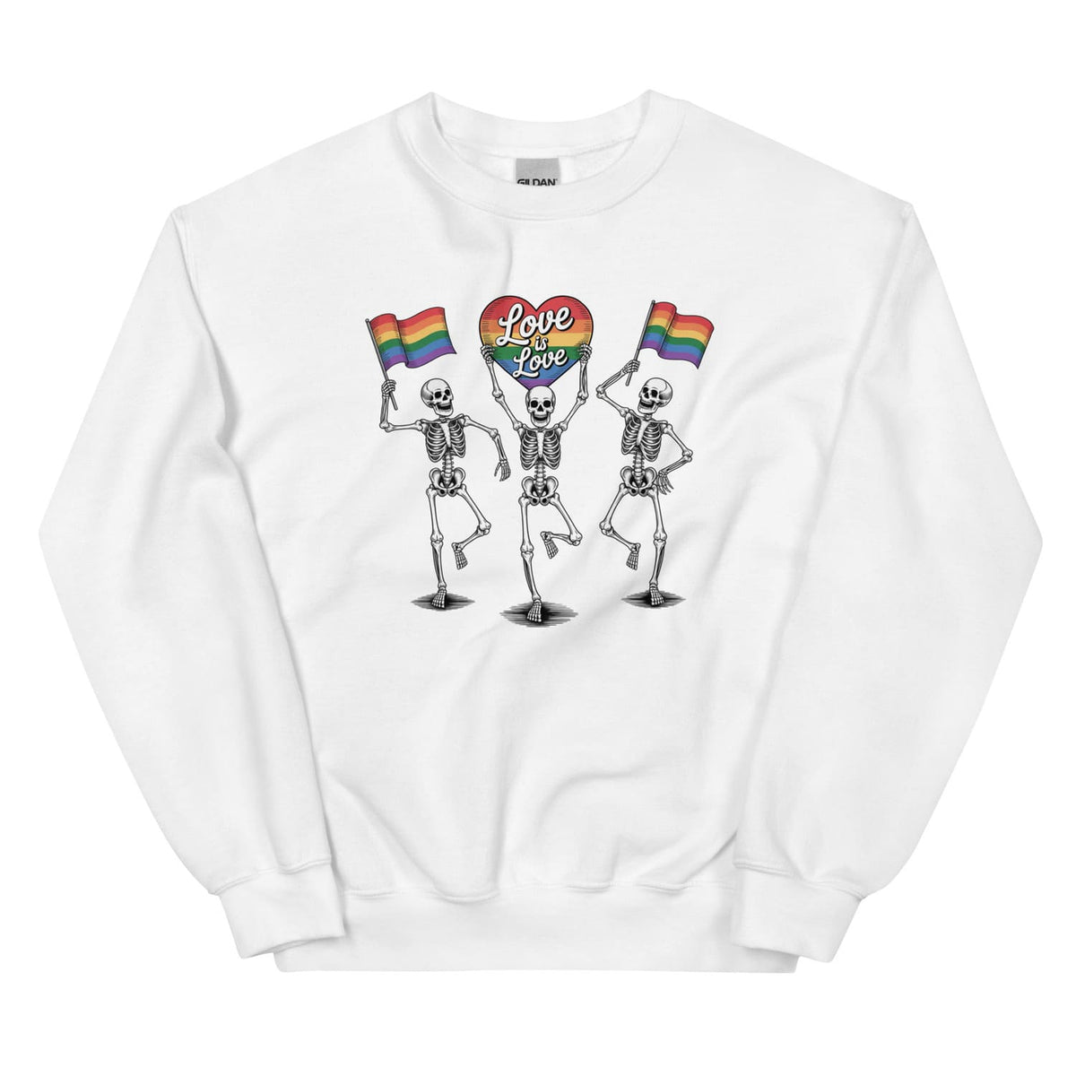 White sweatshirt with skeletons holding rainbow flags and 'Love is love' signs on a white background