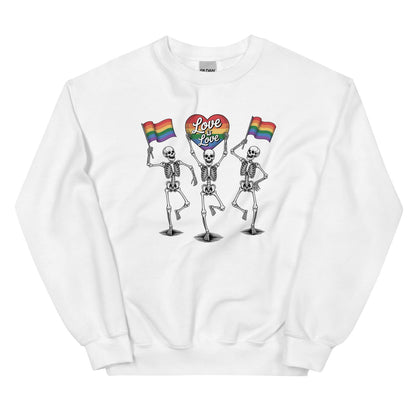 White sweatshirt with skeletons holding rainbow flags and 'Love is love' signs on a white background