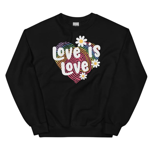 Black pride sweatshirt with 'Love is Love' graphic design on a white background