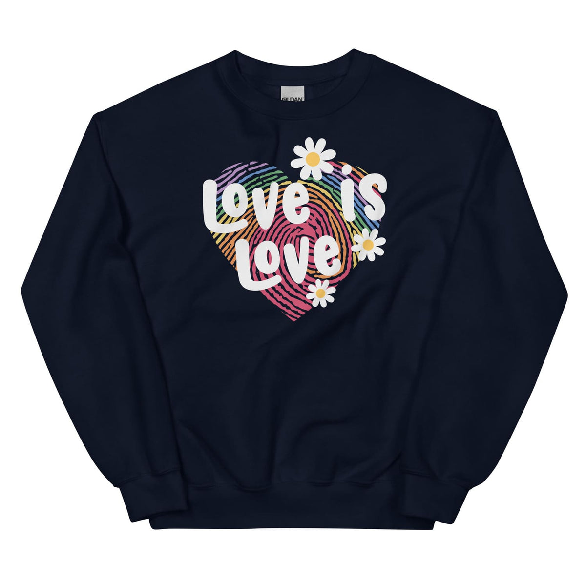 Navy lgbtq sweatshirt with 'Love is Love' graphic design on a white background