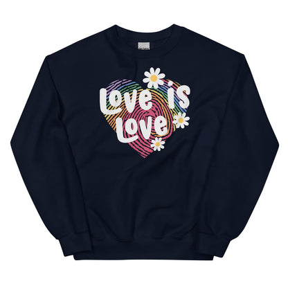 Navy lgbtq sweatshirt with 'Love is Love' graphic design on a white background