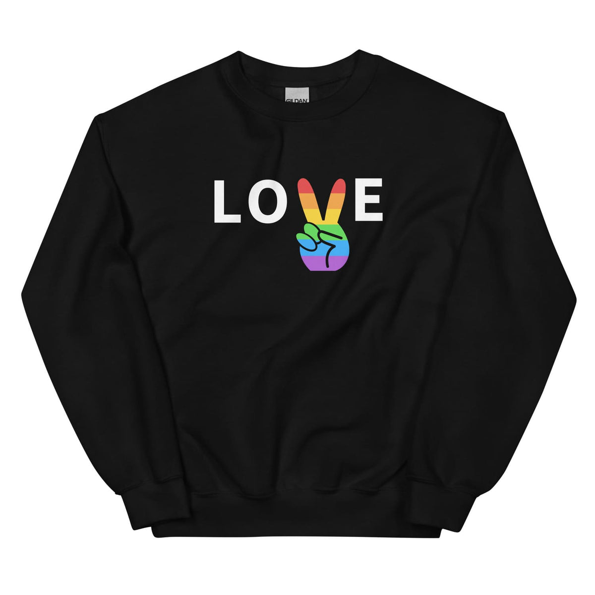 Black sweatshirt with a rainbow peace sign and 'LOVE' text on a white background