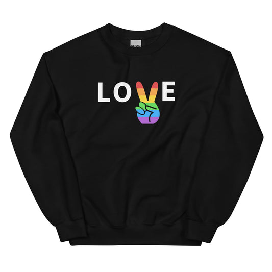 Black sweatshirt with a rainbow peace sign and 'LOVE' text on a white background