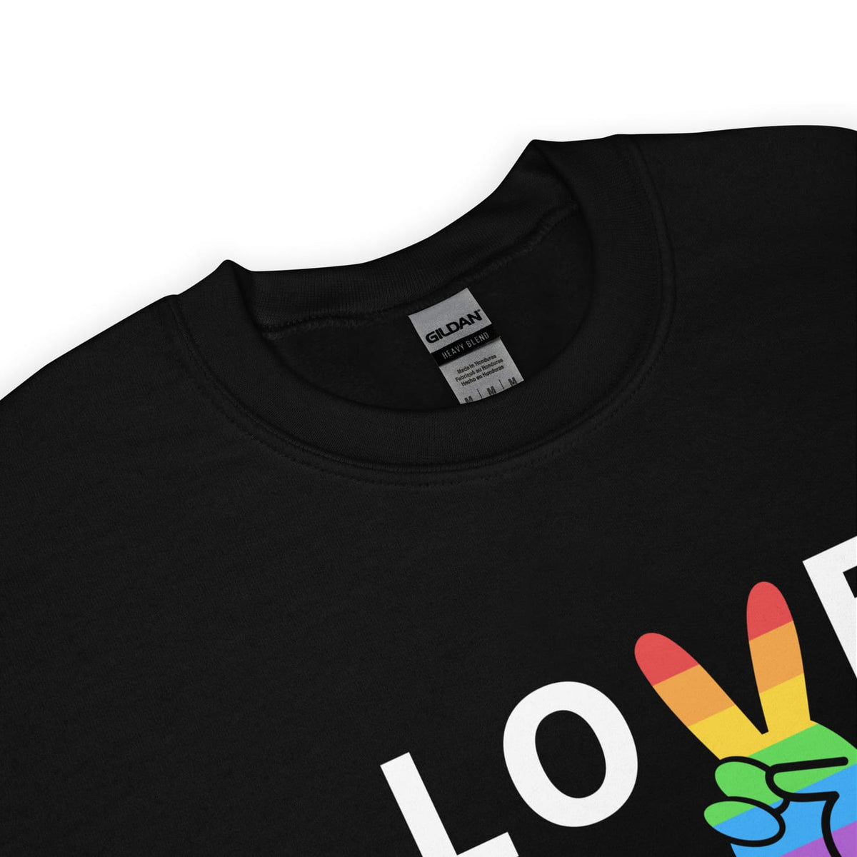 Black sweatshirt with rainbow peace sign and 'LOVE' text on a white background