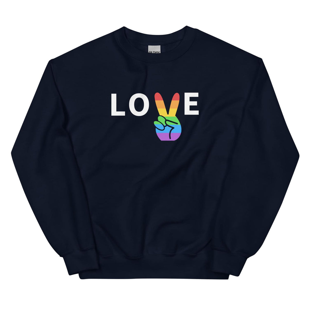 navy sweatshirt with a rainbow peace sign and 'LOVE' text on a white background