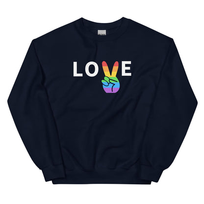 navy sweatshirt with a rainbow peace sign and 'LOVE' text on a white background