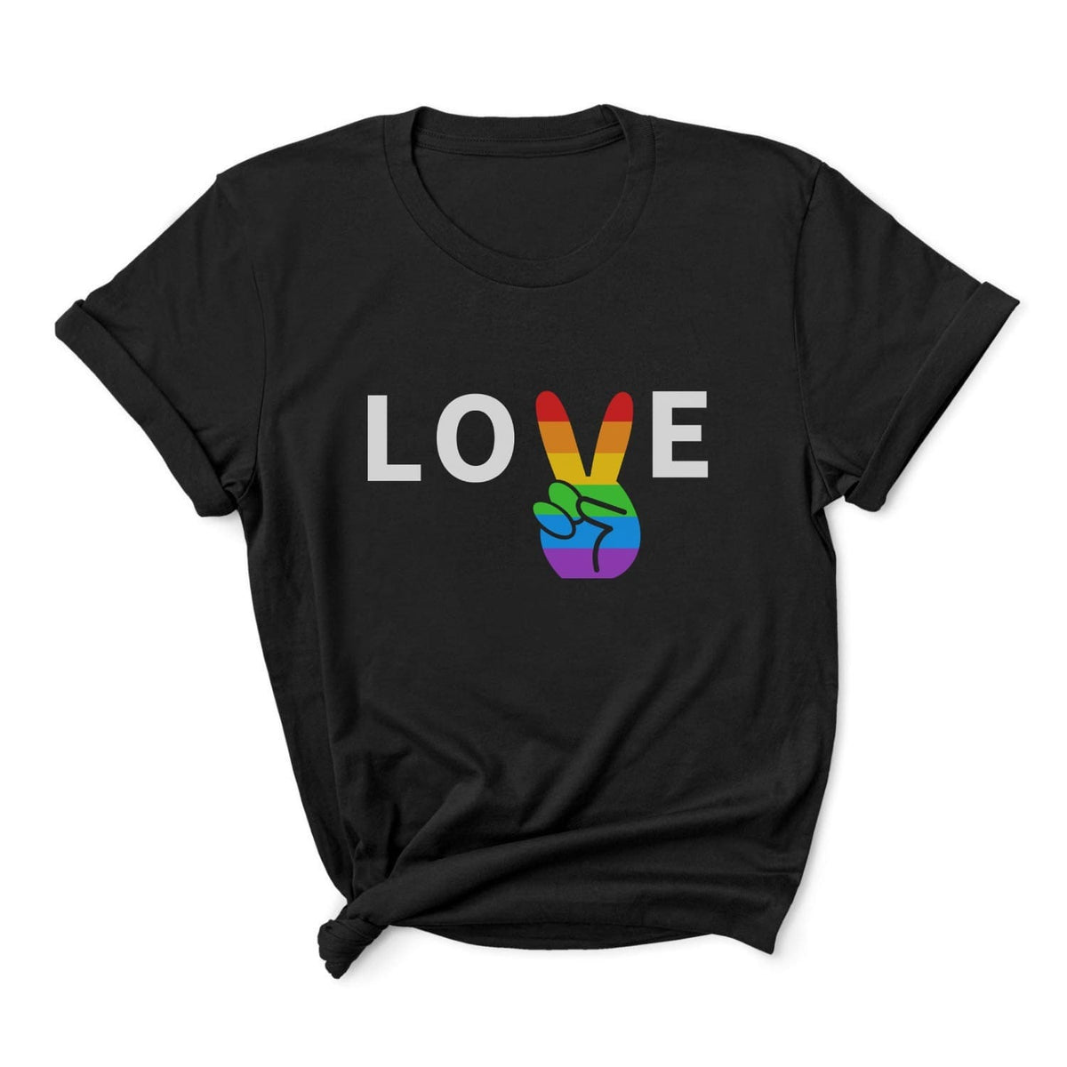 Black t-shirt with 'LOVE' in white letters and a rainbow peace sign on a white background