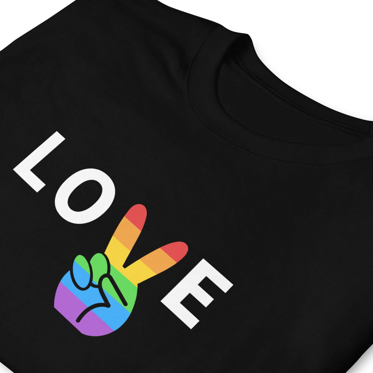 Black t-shirt with a rainbow-colored hand making a peace sign and the word 'LOVE' on a white background.