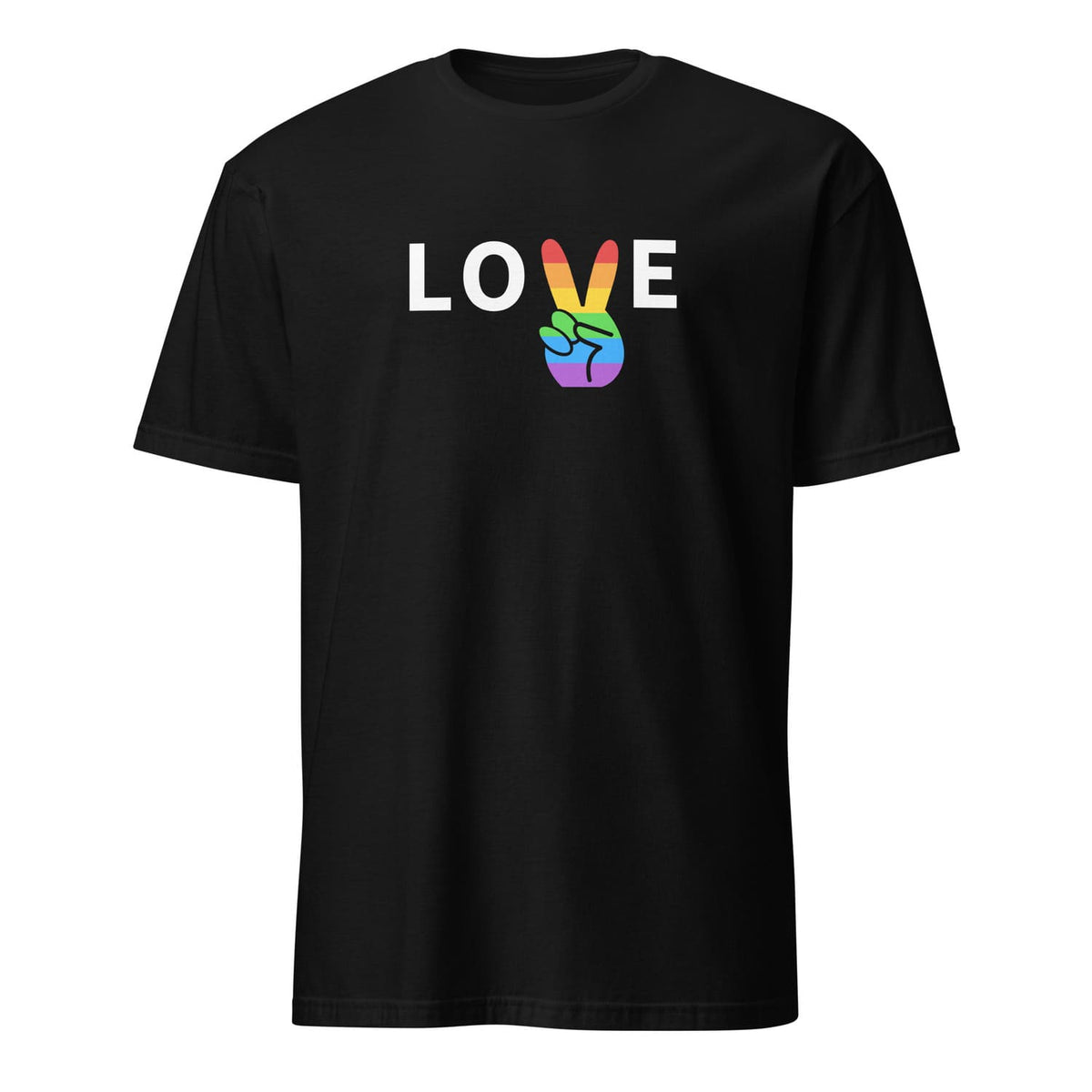 Black t-shirt with 'LOVE' and rainbow hand symbol on a white background