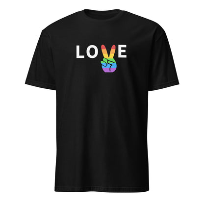 Black t-shirt with 'LOVE' and rainbow hand symbol on a white background