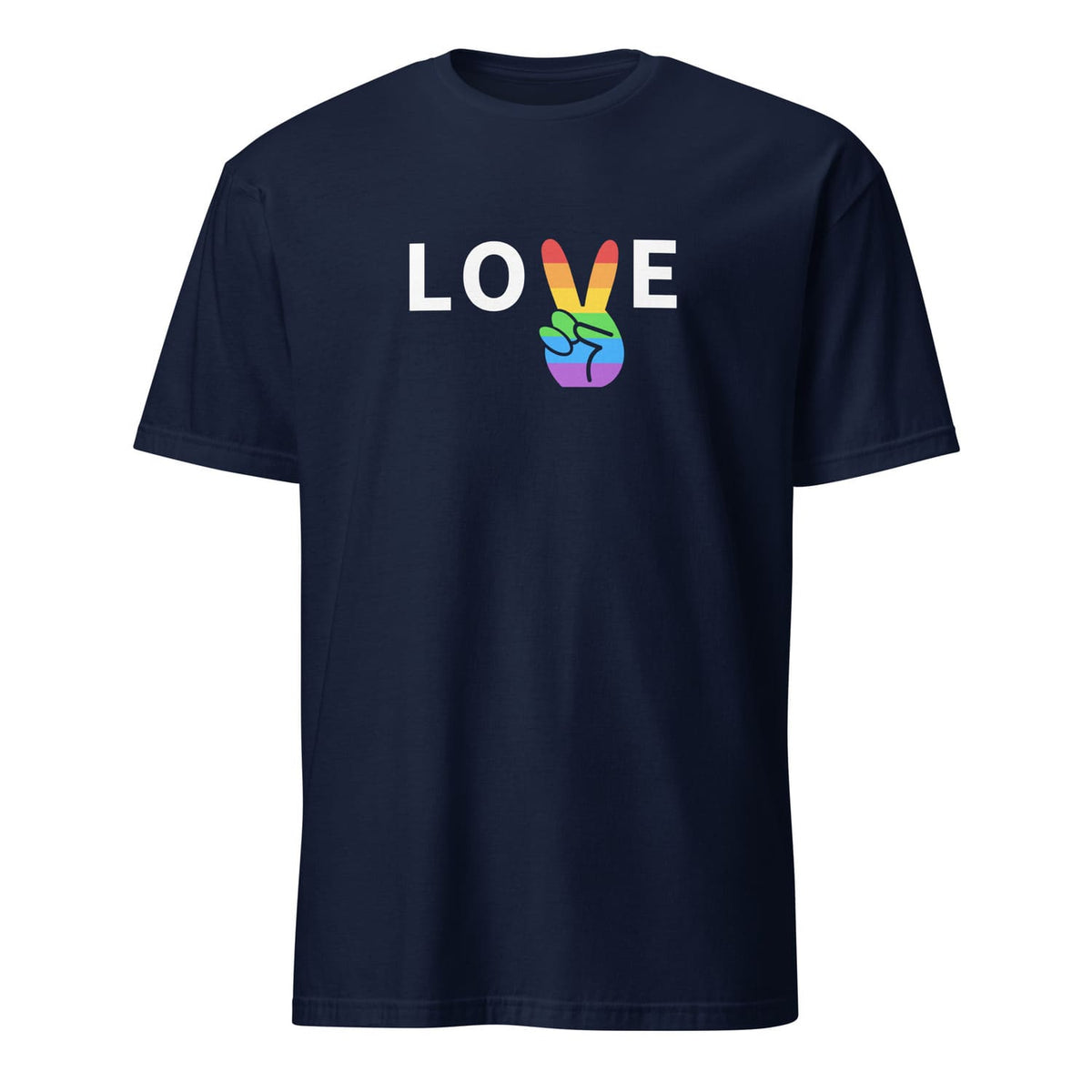 Navy blue t-shirt with 'LOVE' and rainbow hand design on a white background