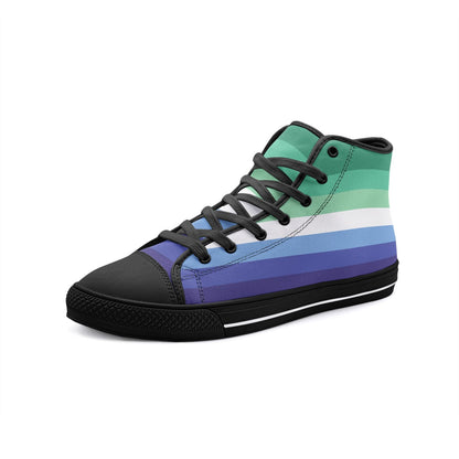 gay mlm shoes, vincian flag pride sneakers, black