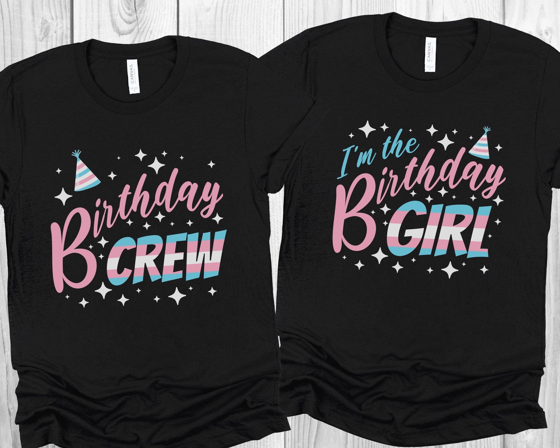 Two black t-shirts with 'Birthday Crew' and 'I'm the Birthday Girl' text on a wooden surface: MTF Transgender Birthday Party Group Shirts, Trans Pride Birthday Girl And Crew Matching Tees, LGBT Queer And Ally Squad, Group Celebration