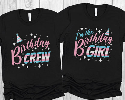 Two black t-shirts with 'Birthday Crew' and 'I'm the Birthday Girl' text on a wooden surface: MTF Transgender Birthday Party Group Shirts, Trans Pride Birthday Girl And Crew Matching Tees, LGBT Queer And Ally Squad, Group Celebration