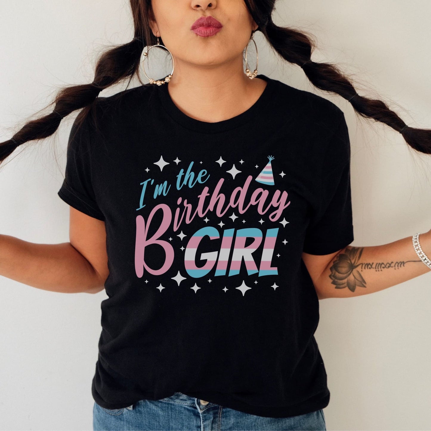 Person wearing a black t-shirt with 'I'm the Birthday Girl' text: MTF Transgender Birthday Party Group Shirts, Trans Pride Birthday Girl And Crew Matching Tees, LGBT Queer And Ally Squad, Group Celebration