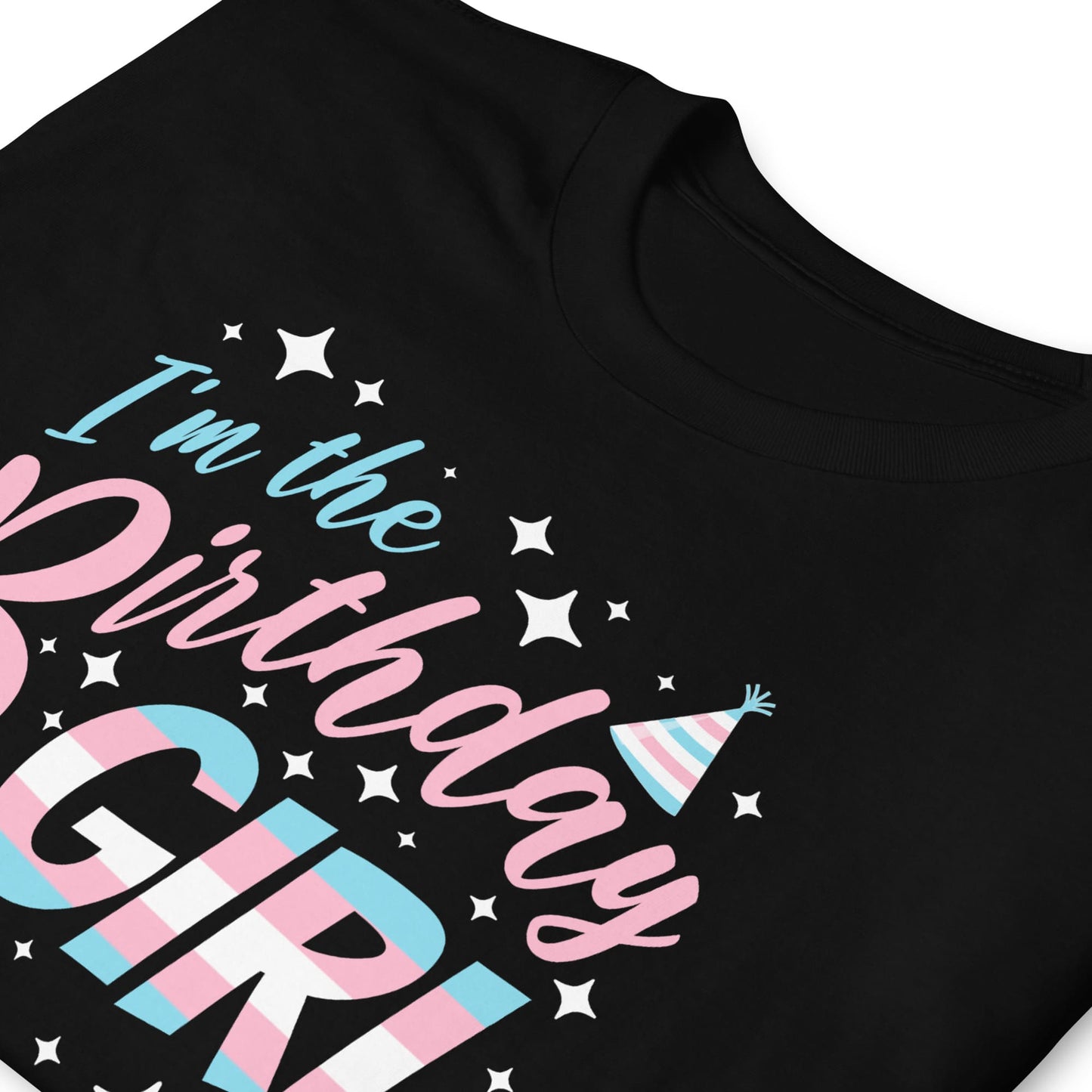Black t-shirt with 'I'm the Birthday Girl' text in pink and blue on a white background: MTF Transgender Birthday Party Group Shirts, Trans Pride Birthday Girl And Crew Matching Tees, LGBT Queer And Ally Squad, Group Celebration