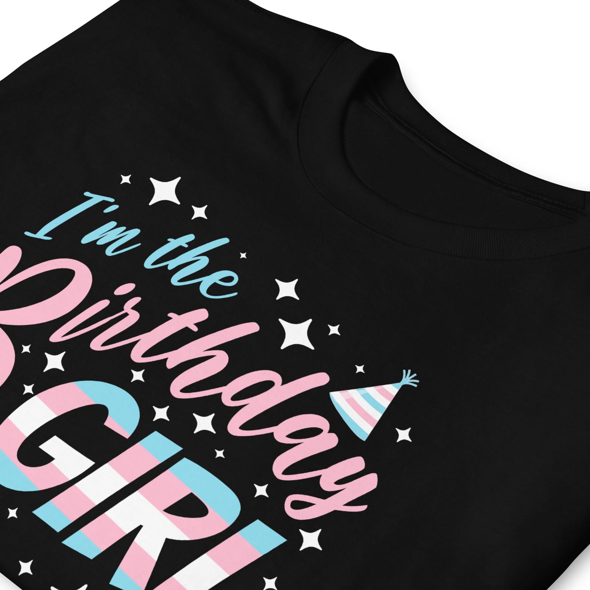 Black t-shirt with 'I'm the Birthday Girl' text in pink and blue on a white background: MTF Transgender Birthday Party Group Shirts, Trans Pride Birthday Girl And Crew Matching Tees, LGBT Queer And Ally Squad, Group Celebration