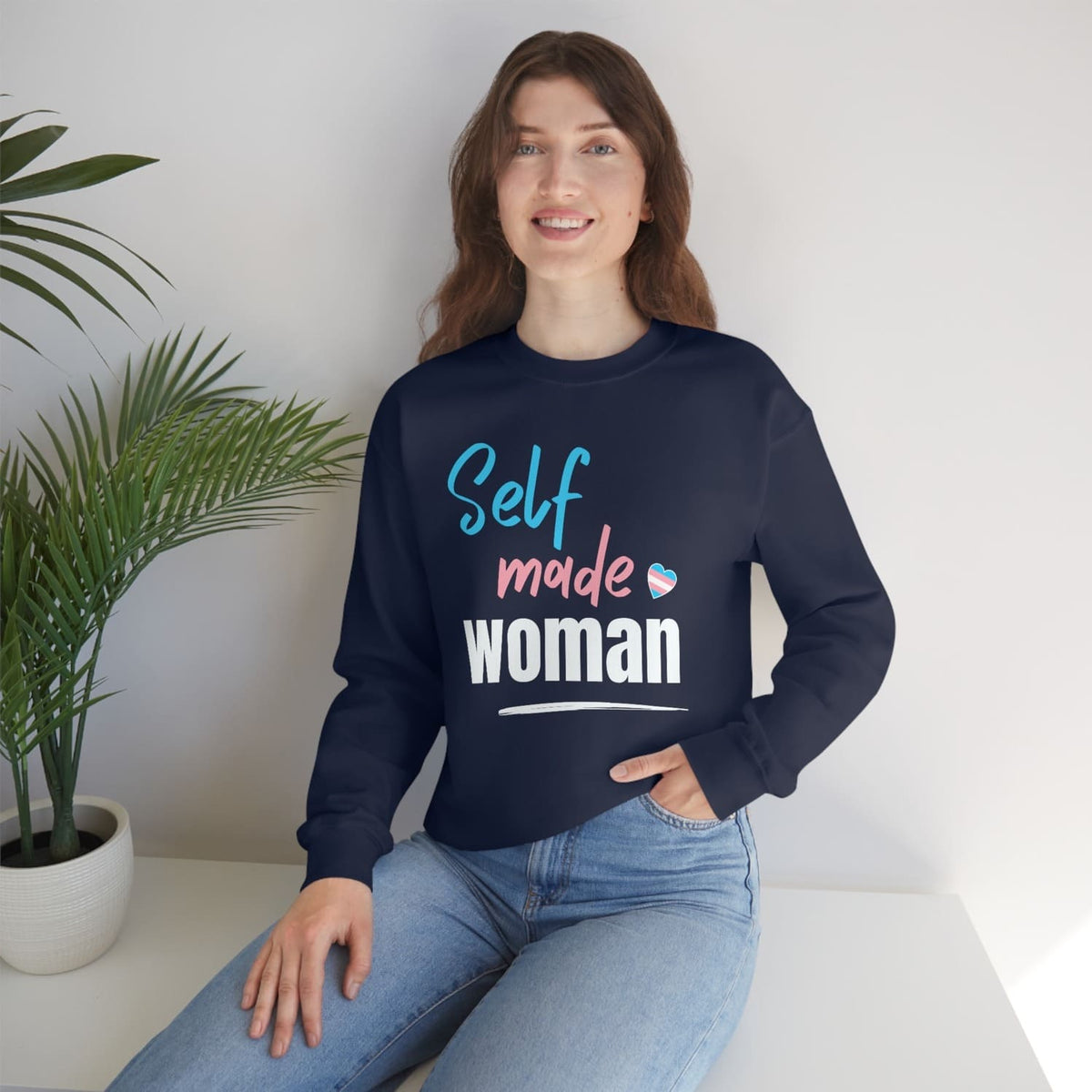 mtf transgender woman wearing pride sweatshirt in navy