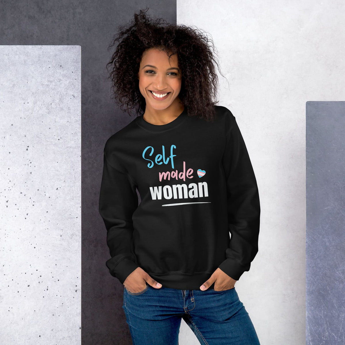 mtf transgender posing with pride with trans sweatshirt